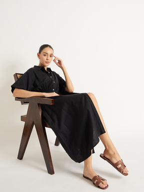 Black Cinched Waist Button Down Maxi Shirt Dress