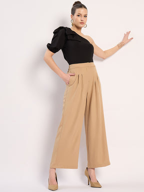 Beige Pleat Detail Straight Pants