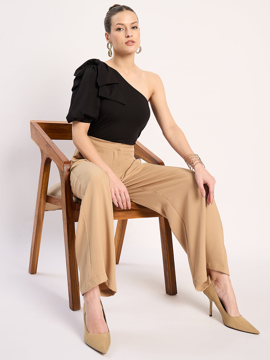 Beige Pleat Detail Straight Pants