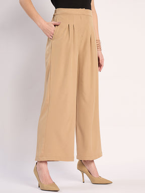 Beige Pleat Detail Straight Pants