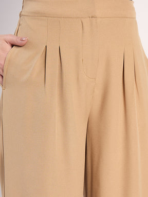 Beige Pleat Detail Straight Pants