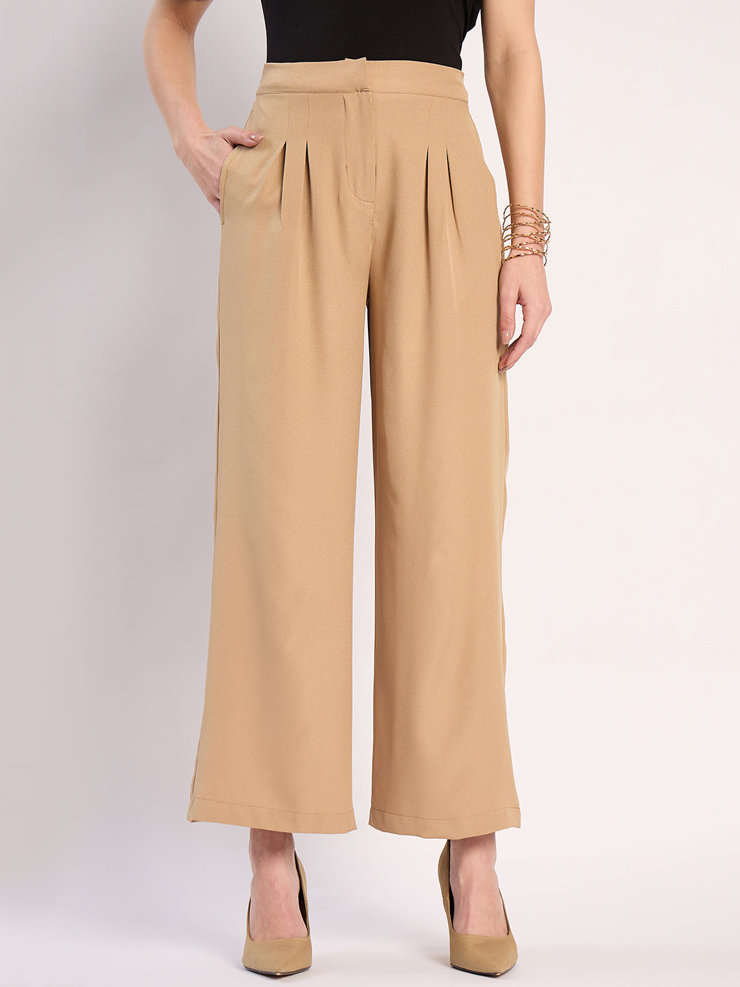 Beige Pleat Detail Straight Pants