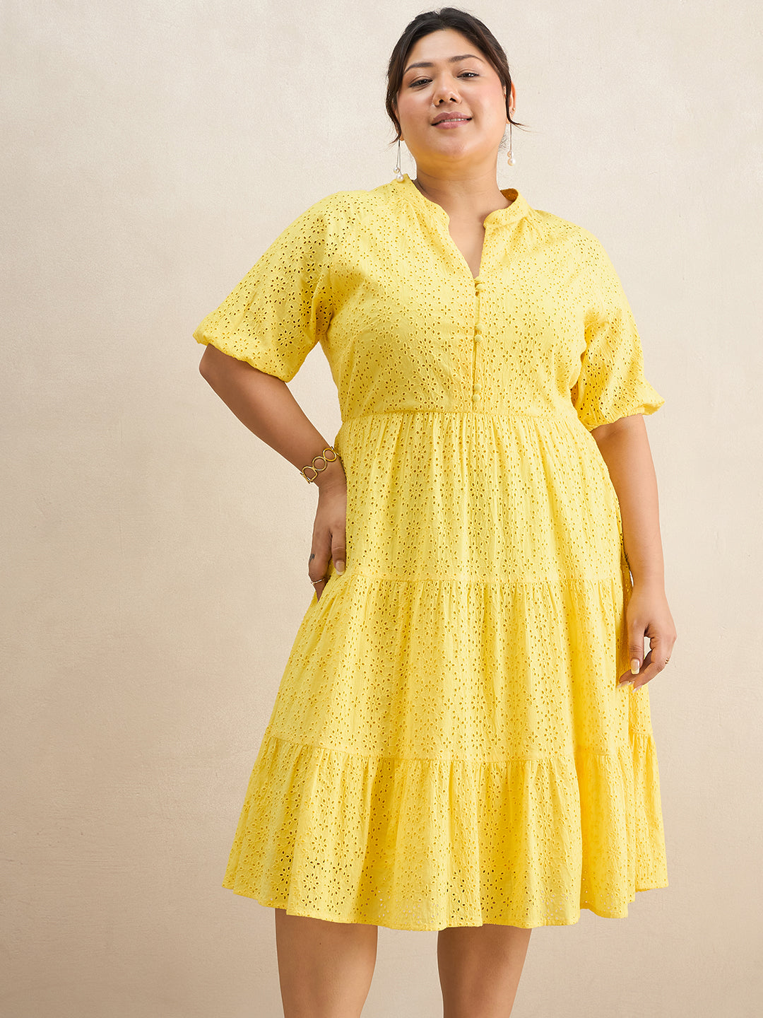 Yellow Cotton Schiffli Button Down Midi Dress