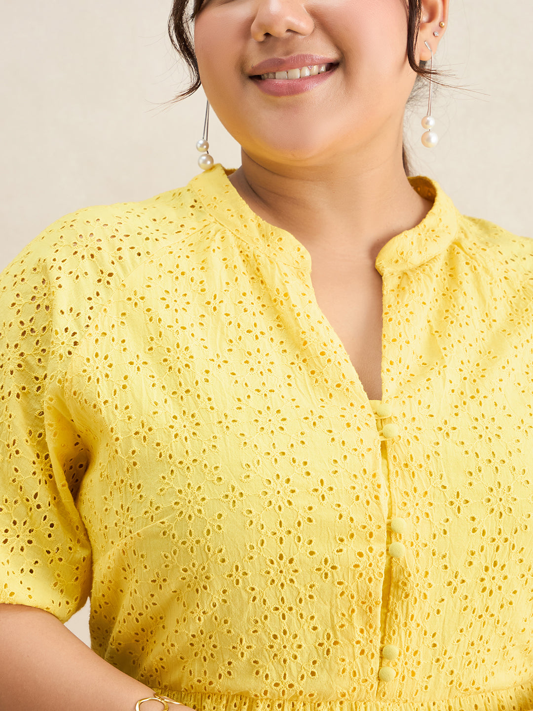 Yellow Cotton Schiffli Button Down Midi Dress