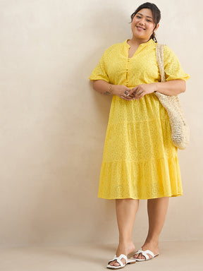 Yellow Cotton Schiffli Button Down Midi Dress