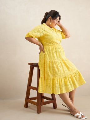 Yellow Cotton Schiffli Button Down Midi Dress