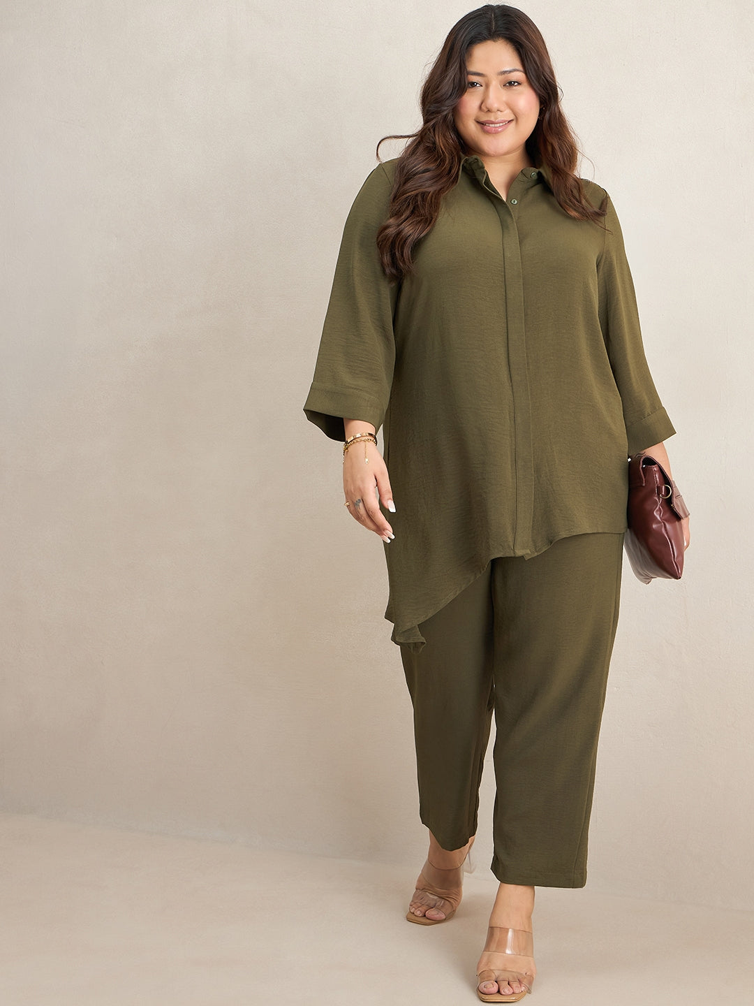 Olive Asymmetric Shirt And Pants Co-Ord Set