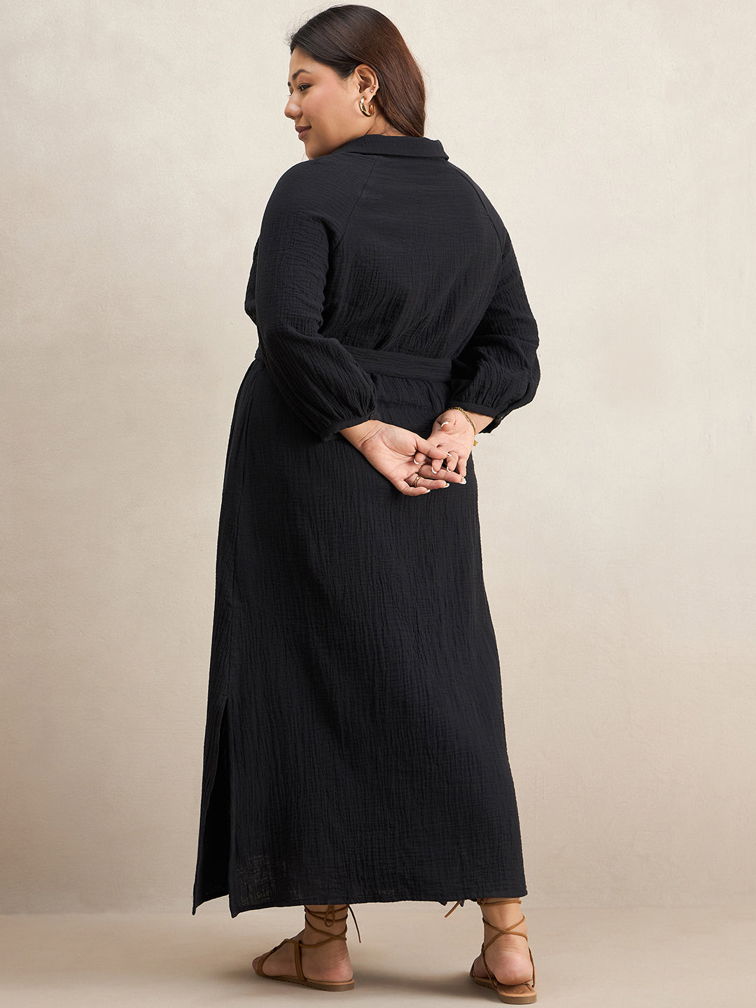 Black Cotton Collar Neck Maxi Dress