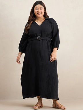 Black Cotton Collar Neck Maxi Dress