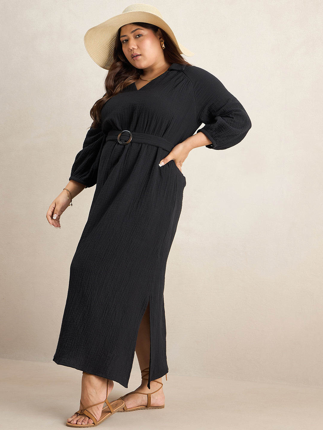 Black Cotton Collar Neck Maxi Dress