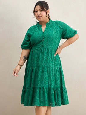 Green Cotton Schiffli Button Down Midi Dress