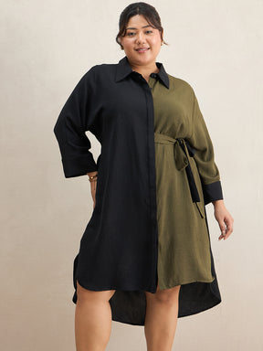 Black And Olive Button Down Midi Dress