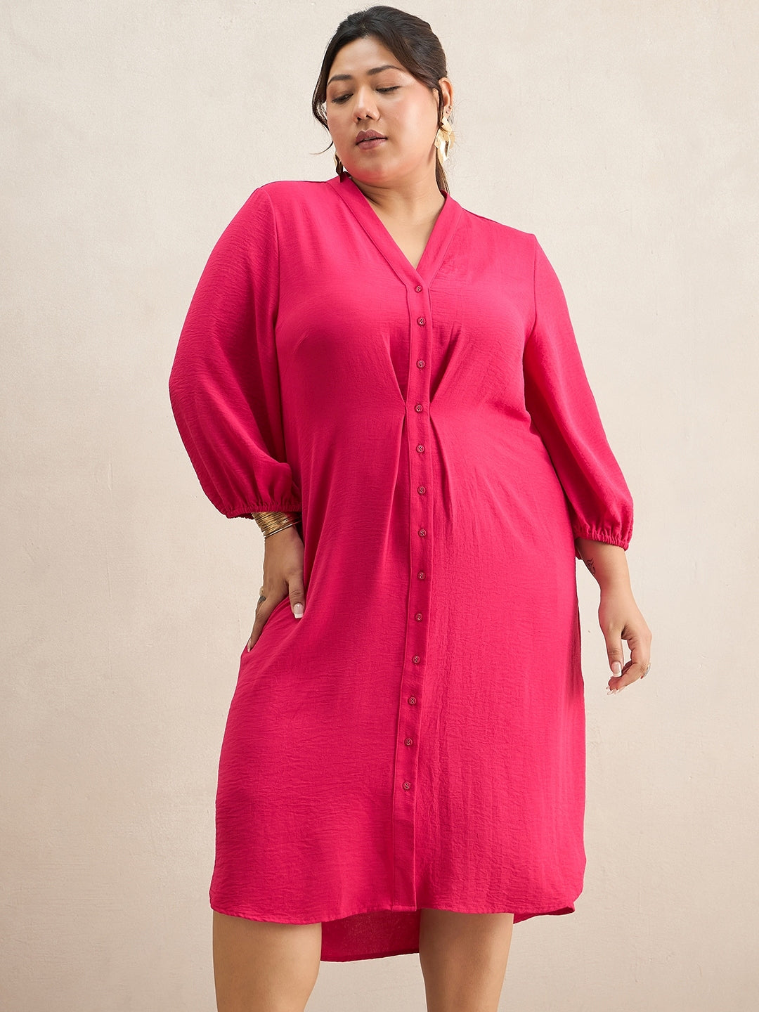 Hot Pink Button Down Midi Dress