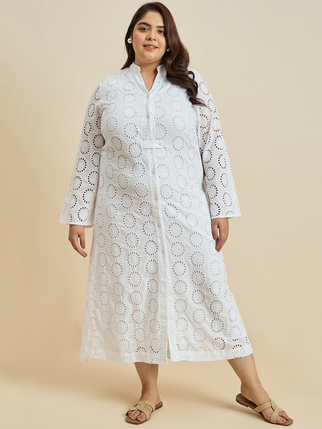 White Cotton Schiffli Shirt Maxi Dress