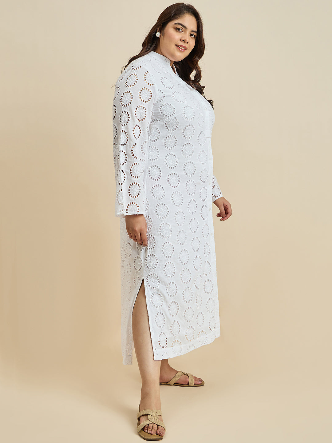 White Cotton Schiffli Shirt Maxi Dress