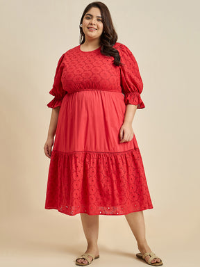 Red Cotton Schiffli Tiered Midi Dress