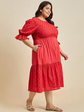 Red Cotton Schiffli Tiered Midi Dress