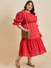 Red Cotton Schiffli Tiered Midi Dress