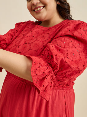 Red Cotton Schiffli Tiered Midi Dress