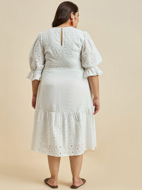 White Cotton Schiffli Tiered Midi Dress