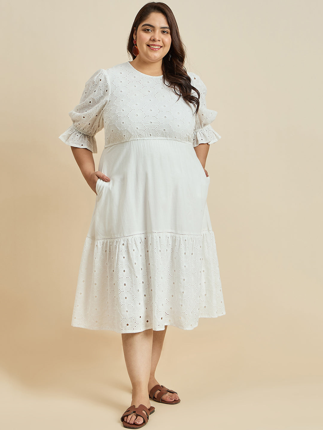 White Cotton Schiffli Tiered Midi Dress