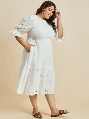 White Cotton Schiffli Tiered Midi Dress