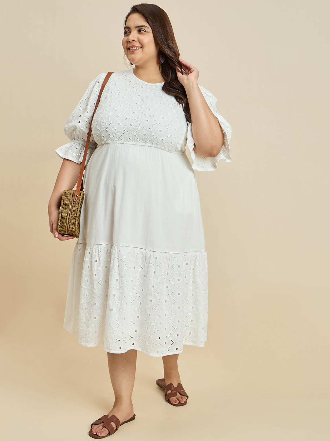 White Cotton Schiffli Tiered Midi Dress