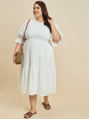 White Cotton Schiffli Tiered Midi Dress