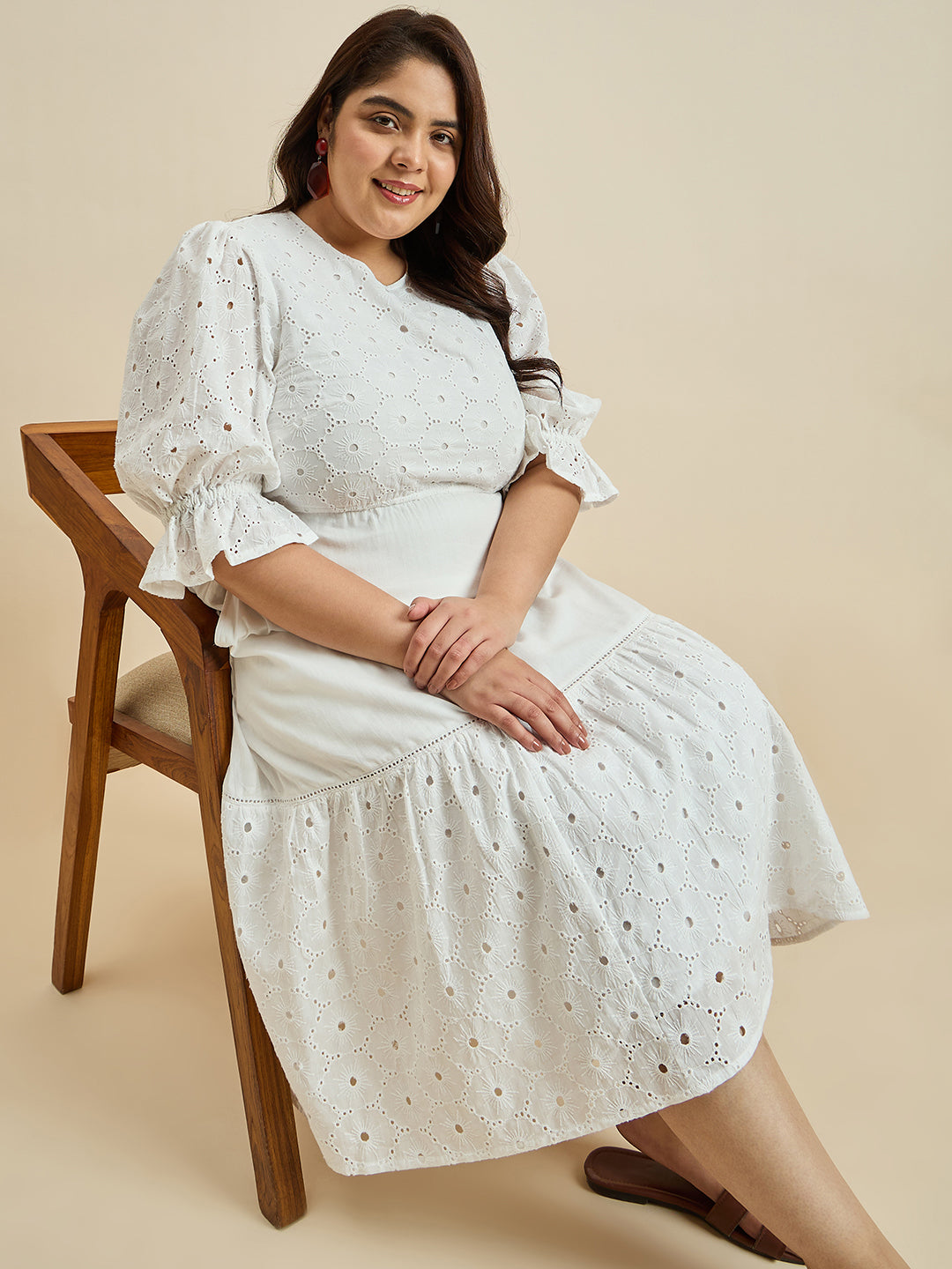 White Cotton Schiffli Tiered Midi Dress