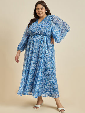 Blue And White Paisley Print Wrap Maxi Dress