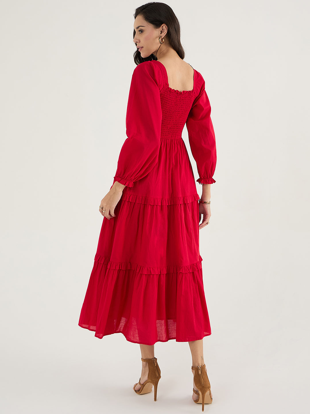 Red Cotton Smocked Maxi Dress