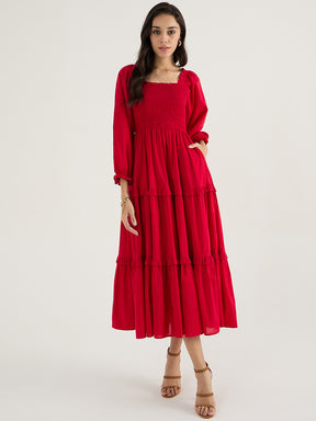 Red Cotton Smocked Maxi Dress