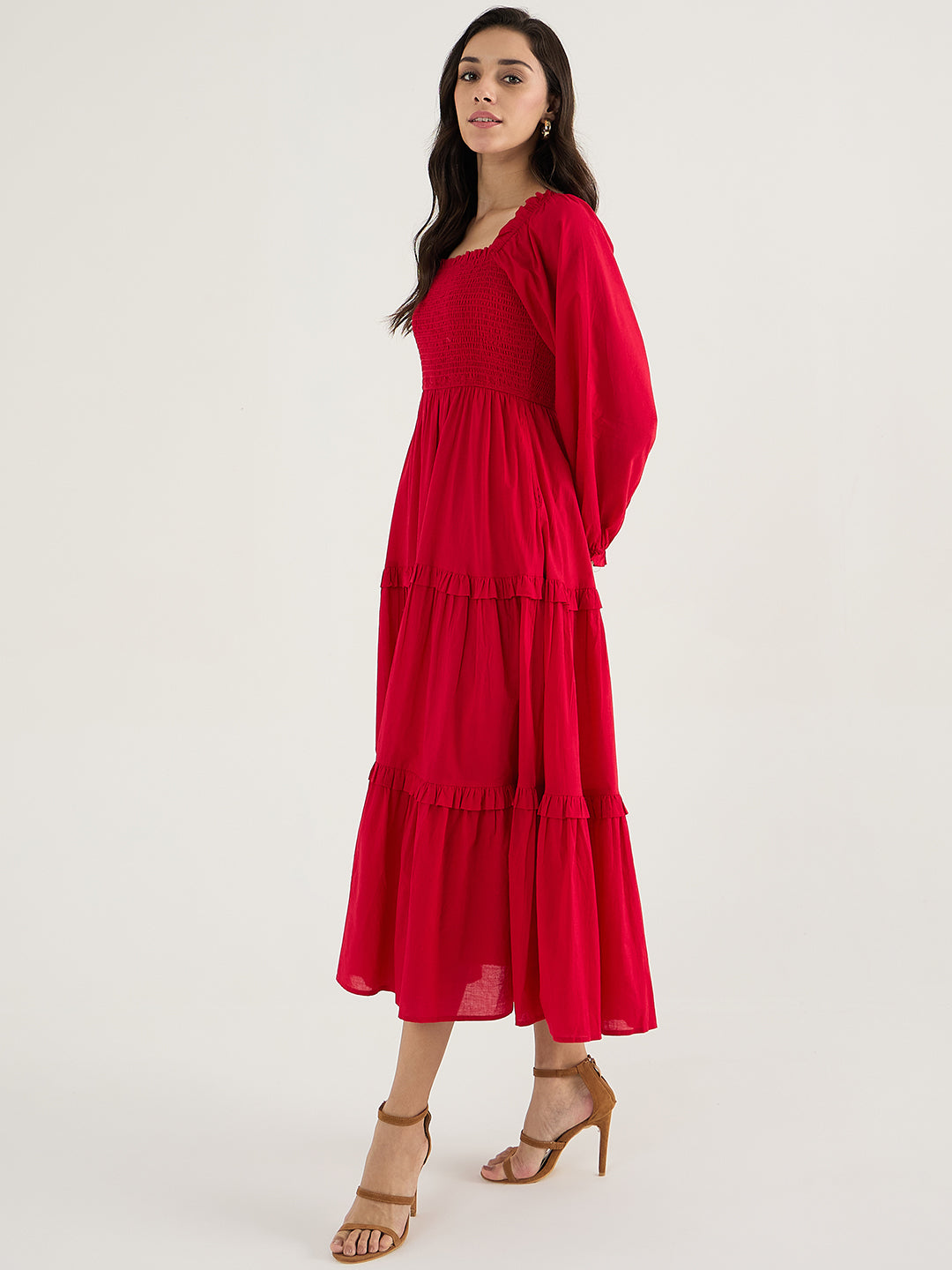 Red Cotton Smocked Maxi Dress