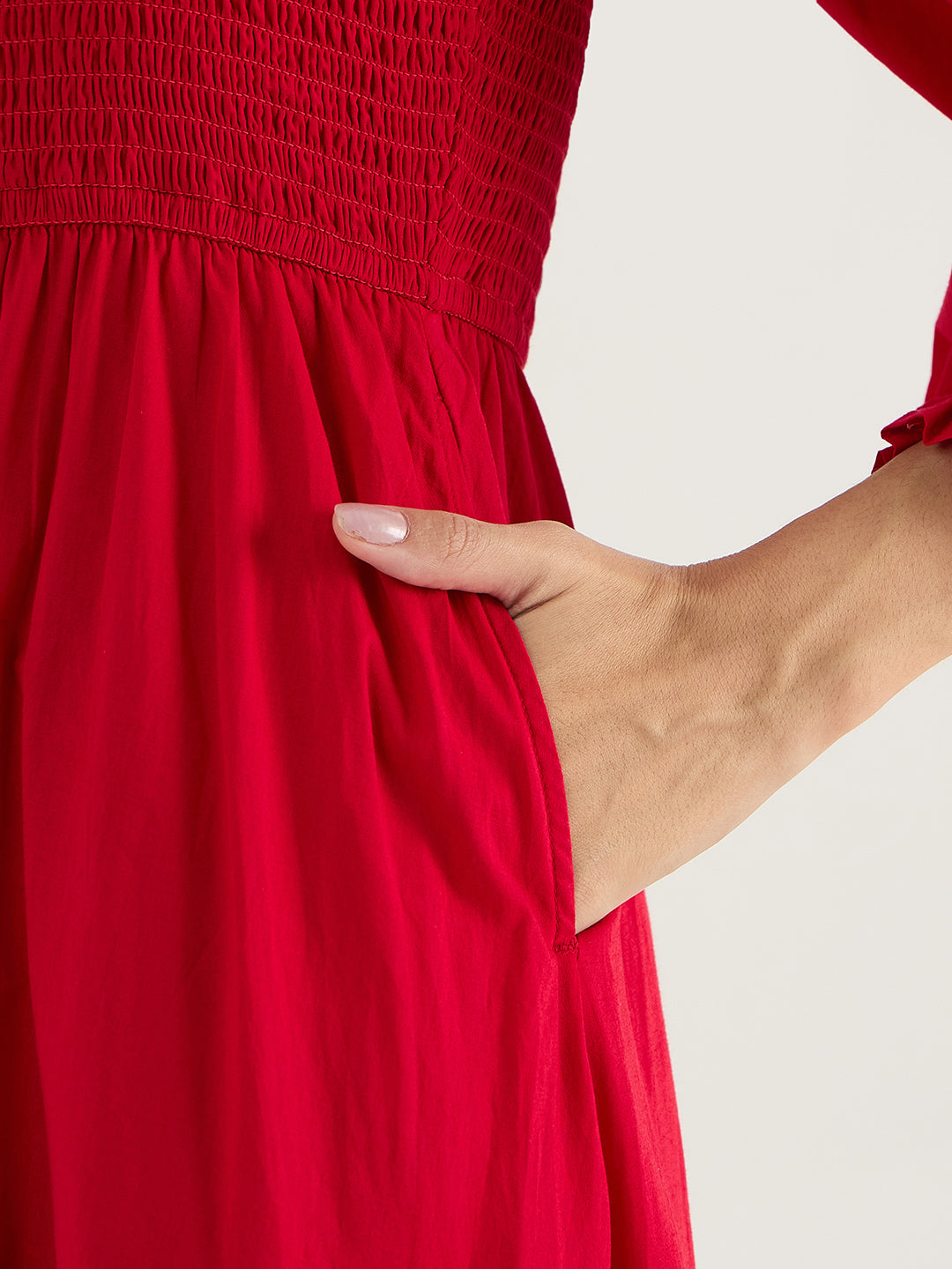 Red Cotton Smocked Maxi Dress