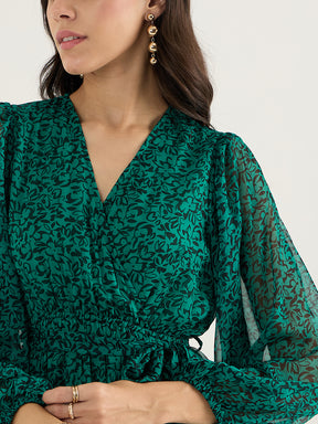 Green And Black Floral Print Wrap Maxi Dress