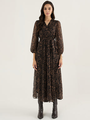 Black Leaf Print Wrap Maxi Dress