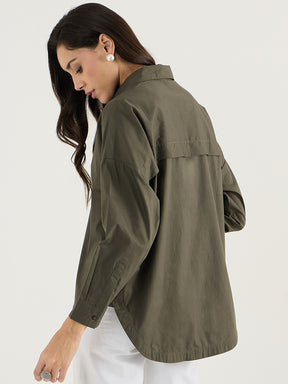 Olive Back Pleat Detail Poplin Shirt