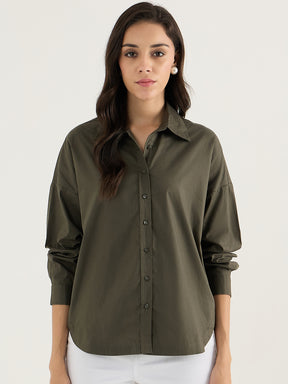 Olive Back Pleat Detail Poplin Shirt