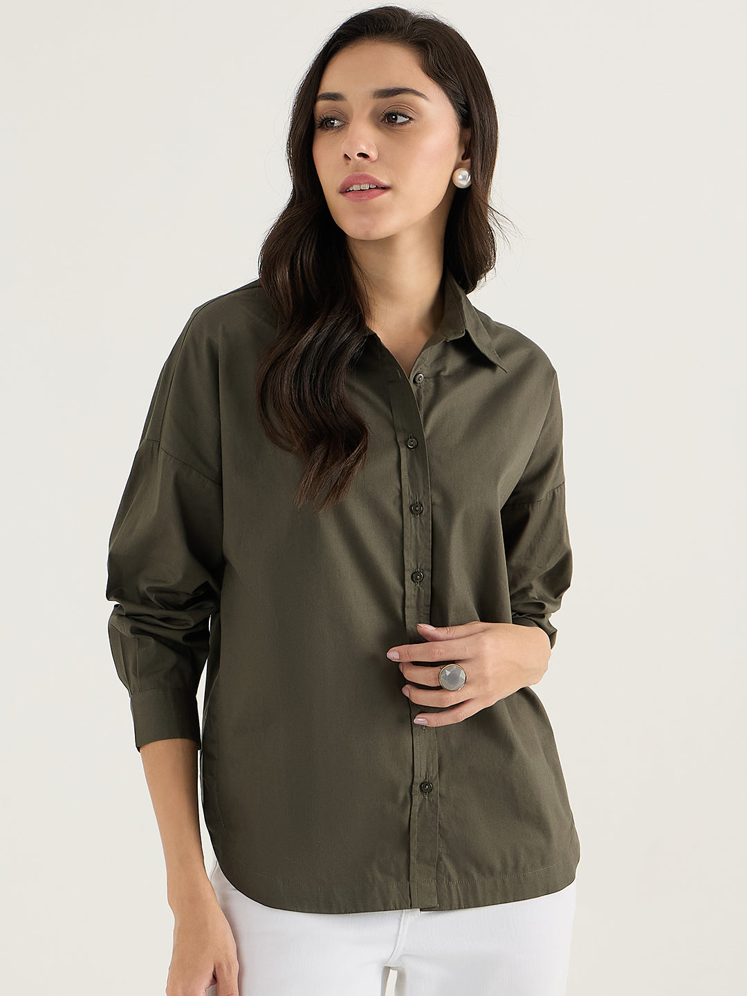 Olive Back Pleat Detail Poplin Shirt