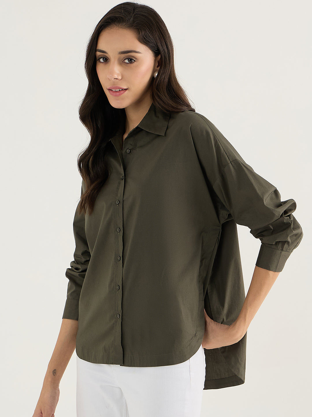 Olive Back Pleat Detail Poplin Shirt