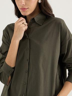 Olive Back Pleat Detail Poplin Shirt