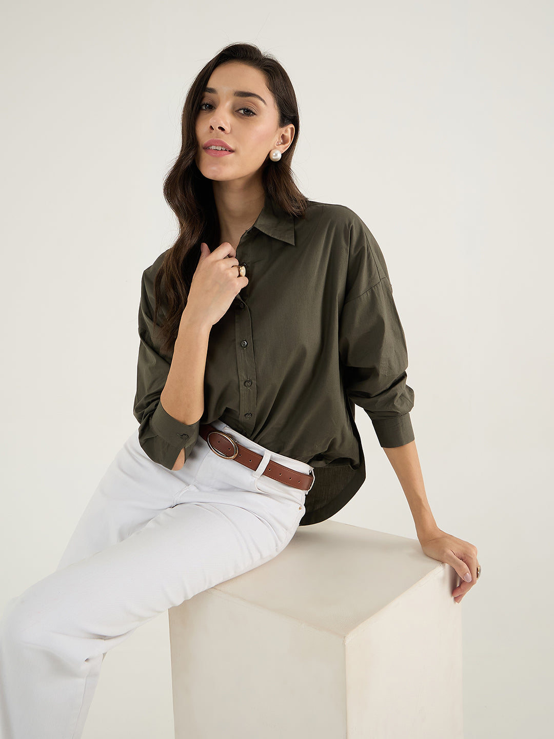 Olive Back Pleat Detail Poplin Shirt