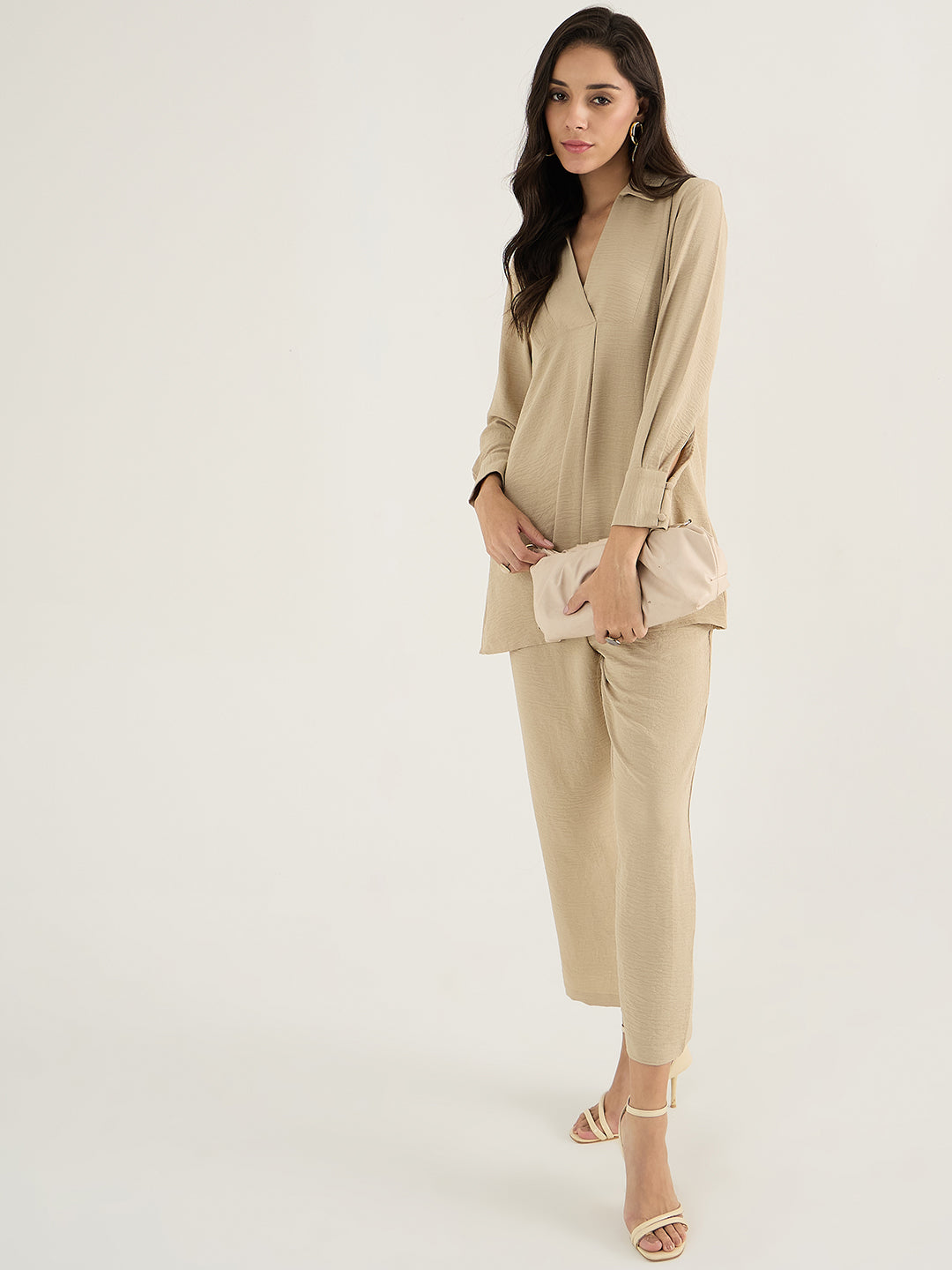 Beige Yoke Detail Co-Ord Set