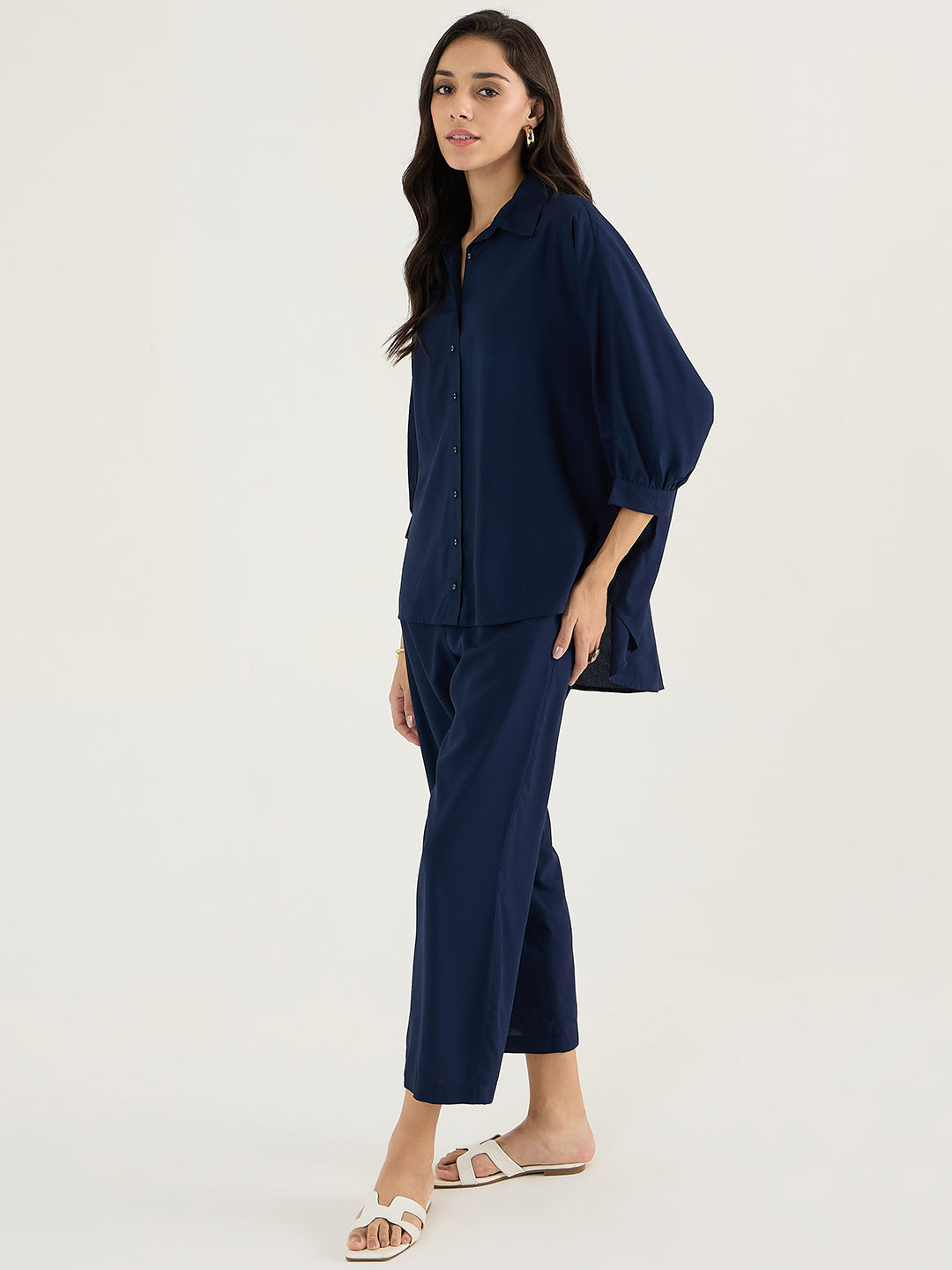 Navy Kimono Sleeve Shirt Co-Ord Set