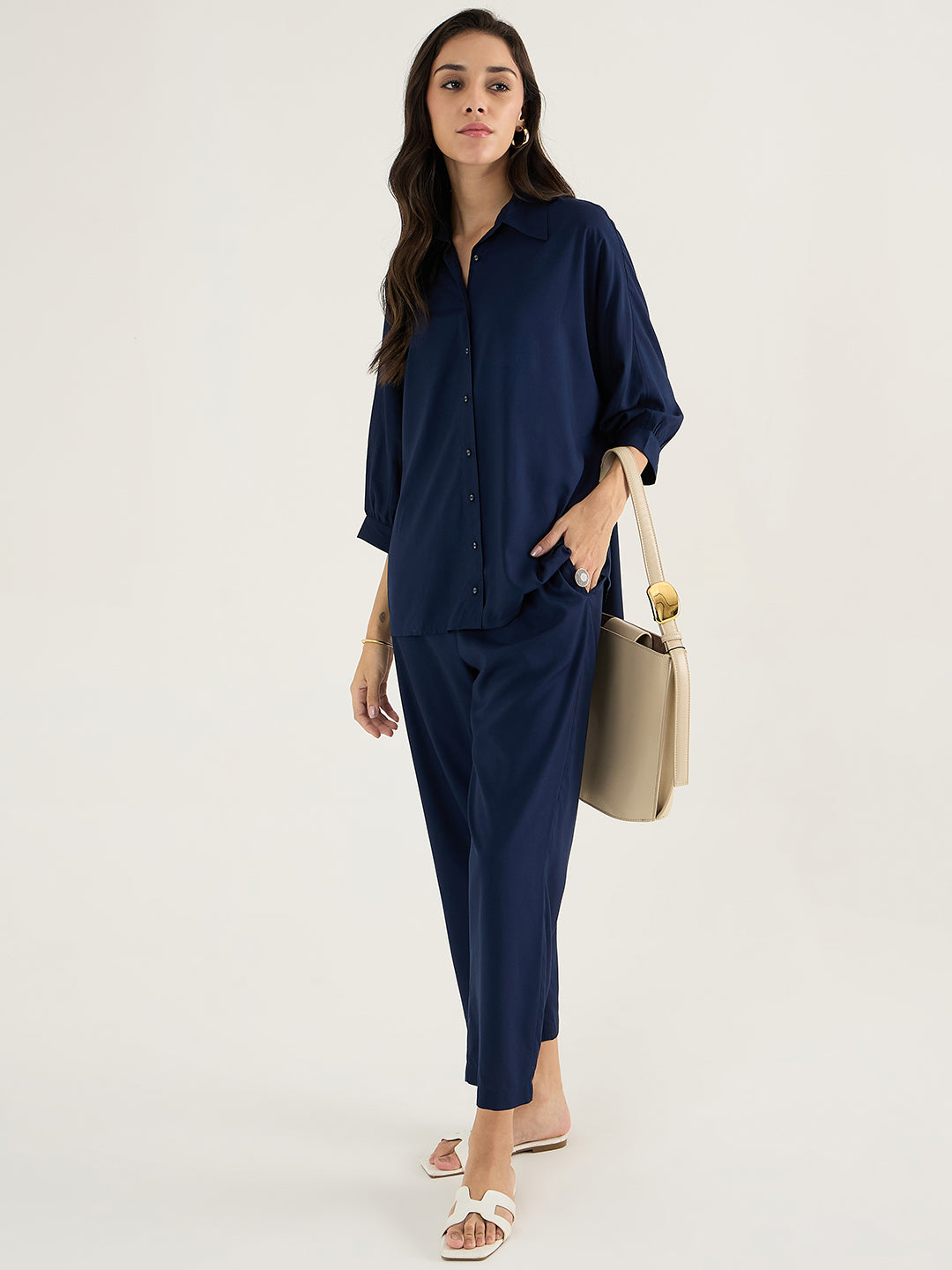 Navy Kimono Sleeve Shirt Co-Ord Set