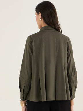 Olive Pleated Aline Poplin Shirt