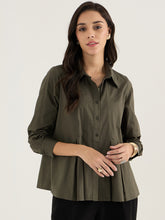 Olive Pleated Aline Poplin Shirt