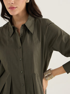 Olive Pleated Aline Poplin Shirt