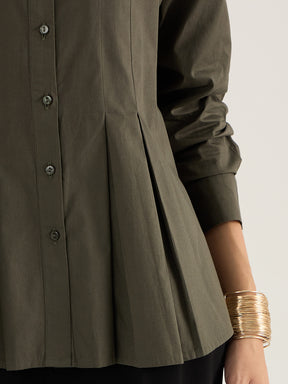 Olive Pleated Aline Poplin Shirt