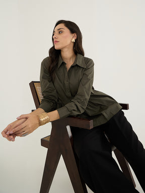 Olive Pleated Aline Poplin Shirt